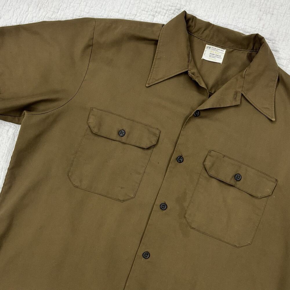 Vintage 70s Big Mac JCPenney Button Up Work Shirt Men Large Chest Pockets Brown